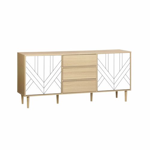 Buffet De Rangement Décor Bois Et Blanc - Mika - 2 Niveaux. 2 Portes. 3 Tiroirs. L 160 X L 40 X H