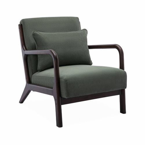 Fauteuil Velours Côtelé Vert - Pieds Bois D'hévéa Teinté Wengé. 1 Place Droit Fixe. Pieds Compas