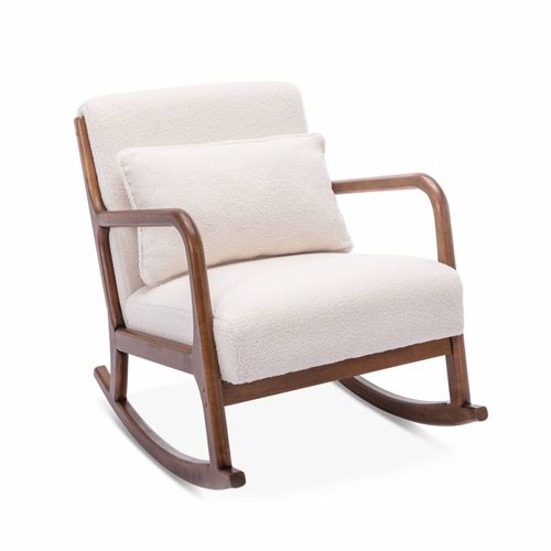 Fauteuil À Bascule Design En Bois Et Tissu. Bouclettes Blanches. Structure Hévéa Teinté Noyer Clair