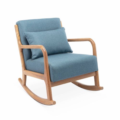 Fauteuil À Bascule Design En Bois Et Tissu. 1 Place. Rocking Chair Scandinave. Bleu