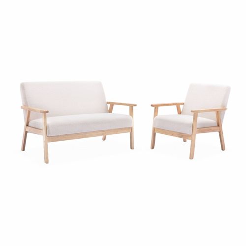 Banquette Et Fauteuil En Bois Et Tissu Bouclette. Isak. L 114 X L 69.5 X H 73cm