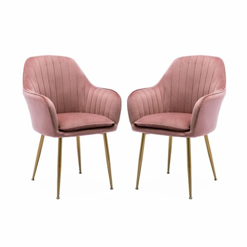 Lot De 2 Fauteuils En Velours Vieux Rose Et Pieds En Métal Doré. Shella L 58 X P 58 X H 85