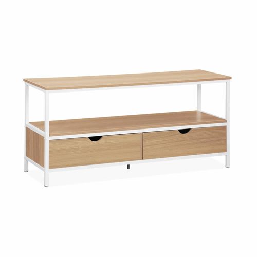 Meuble Tv En Décor Bois Et Métal Blanc Mat 120x39x57cm Loft Avec 2 Tiroirs