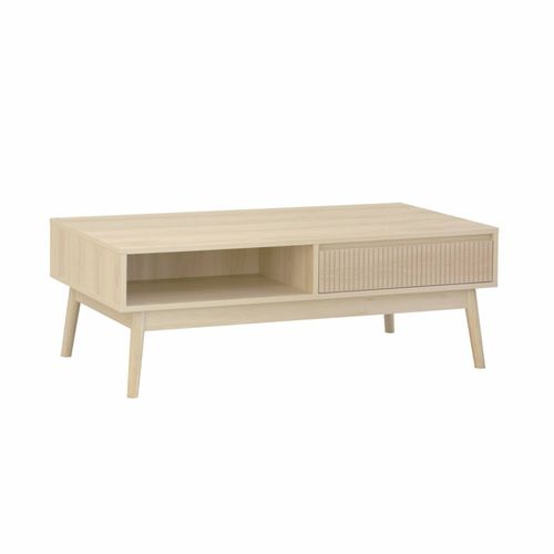 Table Basse Couleur Naturelle Linear Décor Bois Rainuré Pieds Compas 2 Niches 1 Tiroir L