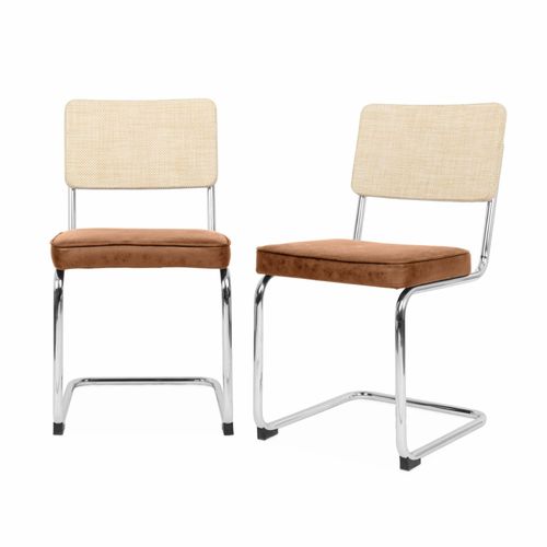 2 Chaises Cantilever - Maja - Tissu Marron Clair Et Résine Effet Rotin 46 X 54.5 X 84.5cm