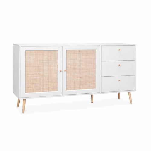 Buffet De Rangement Blanc En Cannage 2 Portes 3 Tiroirs L150 X L39 X H79cm - Bohème