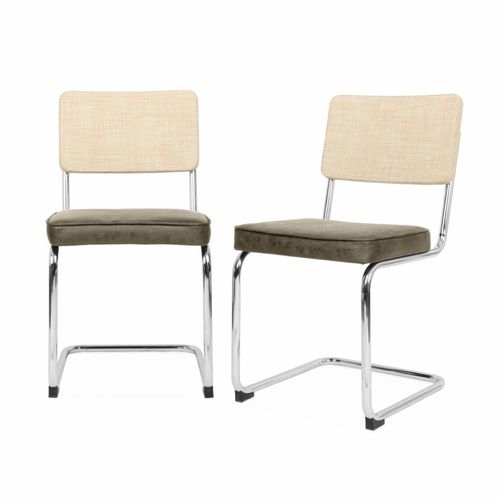 2 Chaises Cantilever - Maja - Tissu Kaki Et Résine Effet Rotin. 46 X 54.5 X 84.5cm
