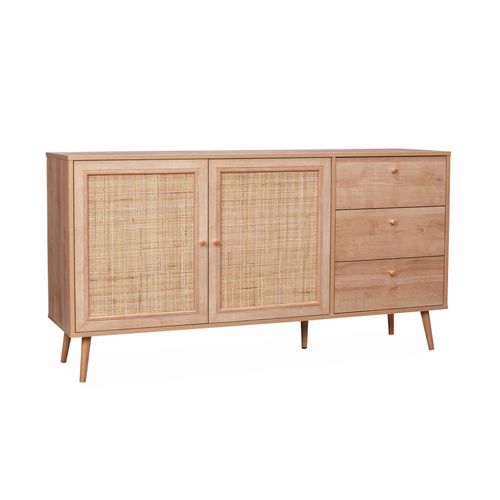 Buffet De Rangement Naturel En Cannage 2 Portes 3 Tiroirs  L150 X L39 X H79cm - Bohème