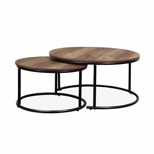 Lot De 2 Tables Gigognes Rondes Métal Noir. Décor Bois Loft Encastrables. 1x Ø77 X H 40 Cm / X1