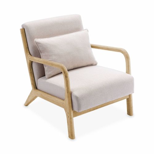 Fauteuil Design En Bois Et Tissu. 1 Place Droit Fixe. Pieds Compas Scandinave. Structure En Bois