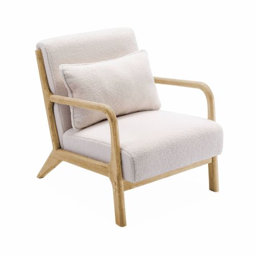 Fauteuil À Bouclettes Blanches. Bois Et Tissu. 1 Place Droit Fixe. Pieds Compas Scandinave