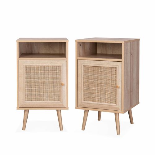 Lot De 2 Tables De Chevet En Cannage - Bohème - 40x39x65.8cm Naturel - 2 Niveaux - 1 Portes - 1