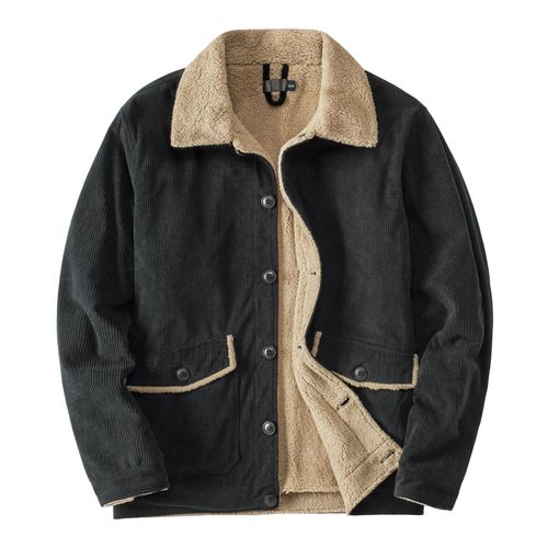 Men's Corduroy Thick Jacket Top Solid Color Collar Loose Lamb Velvet Coat Black S