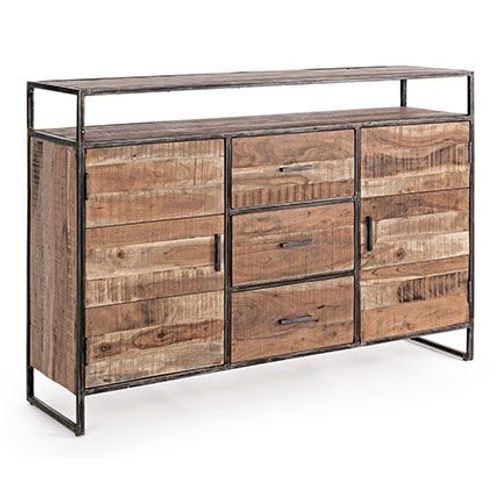 Buffet 2 Portes 3 Tiroirs 150x40x105 Cm En Acacia Et Métal - Nesly