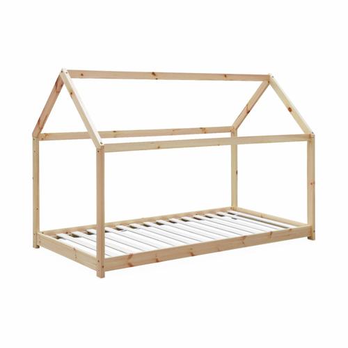 Lit Cabane Montessori. Bois Massif En Pin Naturel - Tobias - Sommier Inclus. 90 X 190 Cm