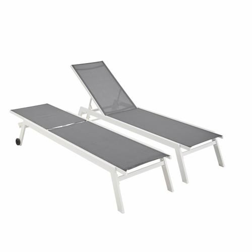 Lot De 2 Bains De Soleil Elsa En Aluminium Blanc Et Textilène Gris. Transats Multi Positions Avec