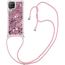 Pour Samsung A22 4g Coque, Bling Liquide Paillette Antichoc Kawaii Etui Housse Avec Cordage Lanyard Case Pour Samsung Galaxy A22 4g. Lp Love Rose