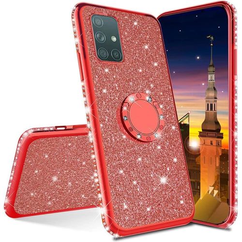 Xiaomi Realme C11 Coque Bling Gliter Paillette Brillant Luxe Strass Coque Etui Avec 360 Rotation Bague Stand Holder Gel Tpu Antichoc Etui Housse Pour Realme C11. Gs Red