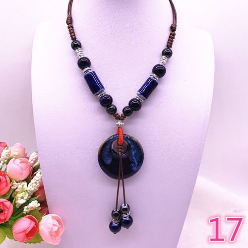 Bijoux Ethniques À La Mode, Ornements Traditionnels Faits À La Main, Tissage De Corde De Cire, Collier En Céramique, Pendentif De Perles En Céramique, Long Collier #17