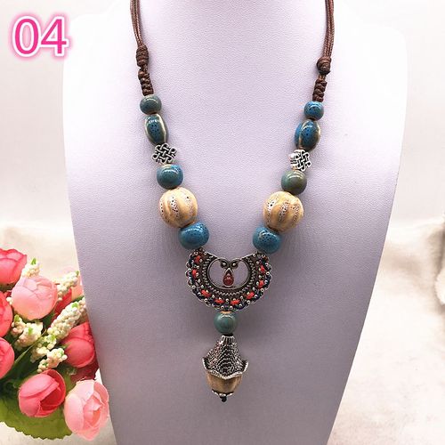 Bijoux Ethniques À La Mode, Ornements Traditionnels Faits À La Main, Tissage De Corde De Cire, Collier En Céramique, Pendentif De Perles En Céramique, Collier Long #04