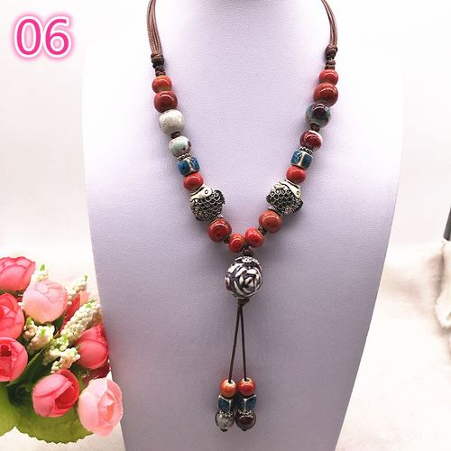 Bijoux Ethniques À La Mode, Ornements Traditionnels Faits À La Main, Tissage De Corde De Cire, Collier En Céramique, Pendentif De Perles En Céramique, Collier Long #06