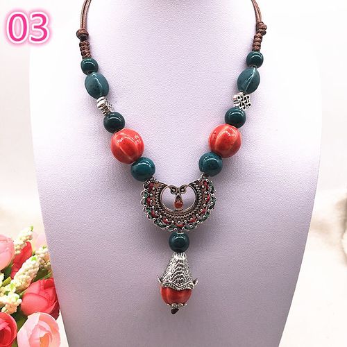 Bijoux Ethniques À La Mode, Ornements Traditionnels Faits À La Main, Tissage De Corde De Cire, Collier En Céramique, Pendentif De Perles En Céramique, Collier Long #03
