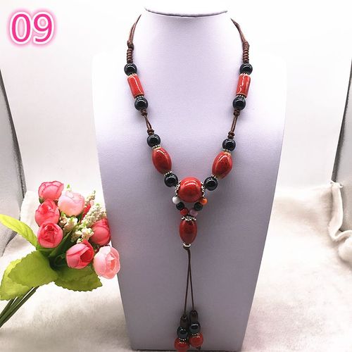 Bijoux Ethniques À La Mode, Ornements Traditionnels Faits À La Main, Tissage De Corde De Cire, Collier En Céramique, Pendentif De Perles En Céramique, Collier Long #09