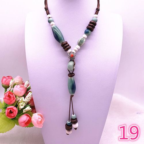 Bijoux Ethniques À La Mode, Ornements Traditionnels Faits À La Main, Tissage De Corde De Cire, Collier En Céramique, Pendentif De Perles En Céramique, Long Collier #19