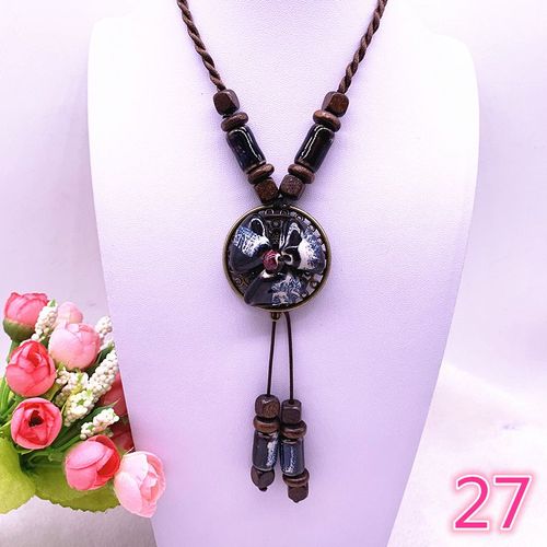 Bijoux Ethniques À La Mode, Ornements Traditionnels Faits À La Main, Tissage De Corde De Cire, Collier En Céramique, Pendentif De Perles En Céramique, Long Collier #27