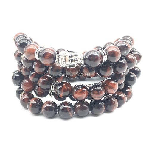 Bracelet En Pierre D'oeil De Tigre Rouge Naturel Pour Femmes, Collier Tête De Bouddha Mala, Yoga, Vente En Gros, 108, Sn1356