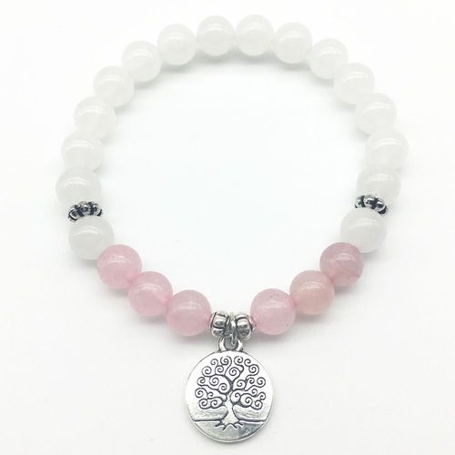 Bracelet En Perles Blanches Pour Femmes, Quartz Rose Avec Arbre De Vie, Breloque, Bijoux, Meilleur Cadeau Pour Elle, Sn1307