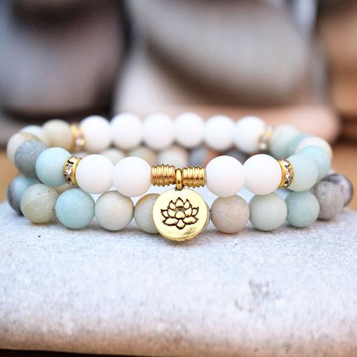 Bracelet Mala En Amazonite, Vente En Gros, Perles, Lotus, Breloque, Méditation, Équilibre
