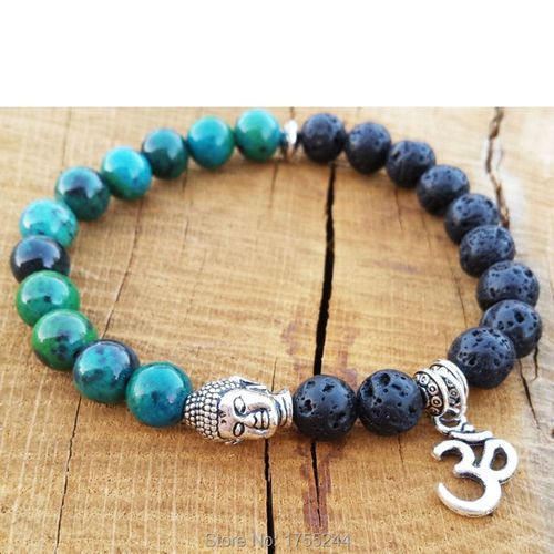 Bracelet En Pierre De Lave Noire Et Verte Pour Hommes, Perles, Bouddha, Yoga, Ohm, Sn1097, Livraison Gratuite