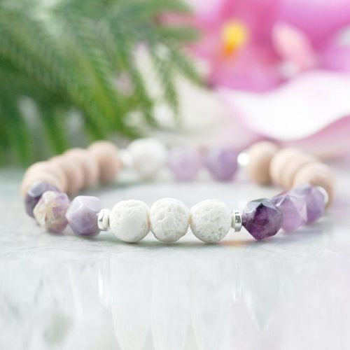 Bracelet En Pierre De Lave Blanche, Cristaux D'améthyste T, Guérison, Diffuseur D'huile Essentielle, En Bois De Rose, Soulagement De L'anxiété, Cadeau, Mg1077