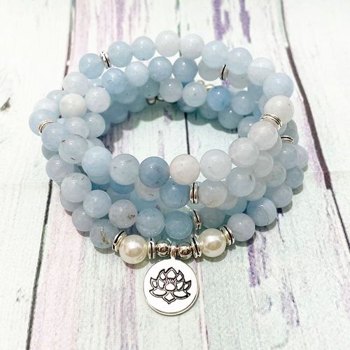 Bracelet Mala En Calcédoine Bleue Naturelle Sn1205 108, Perle Lotus, Breloque Chakra Yoga, Collier Boho Pour Filles