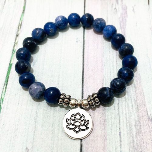 Bracelet Mala En Sodalite Bleue Naturelle Sn0708, Fait À La Main, Lotus Ohm, Breloque De Yoga, Méditation, Équilibre, Bijoux Bouddhistes