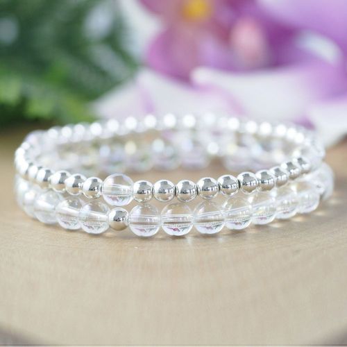 Ensemble De Bracelets En Cristal Clair Pour Femme, Plaqué Argent, Perles Empilables, Cristaux De Guérison, 6mm, Mg0947