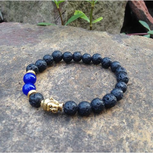 Bracelet De Bouddha En Pierre De Lave, Couleur Or, Tête Bouddhiste, Perle Extensible, Sn0471