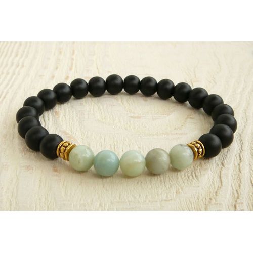 Bracelet En Onyx Noir Mat Et Amazonite Pour Hommes, Nouvelles Breloques En Pierre Extensible, Sn0336
