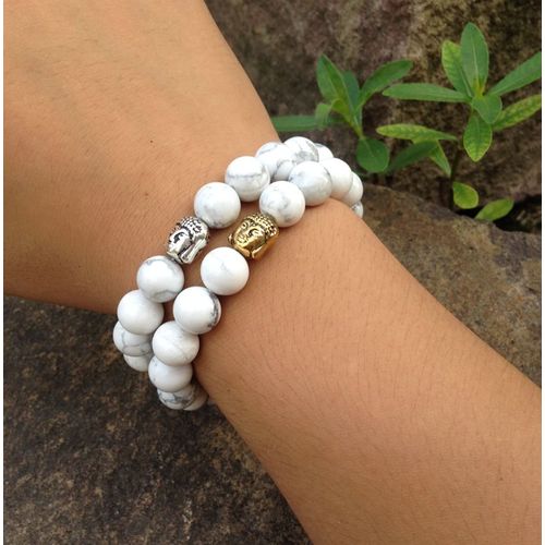 Bracelet Howlite Blanc Naturel Pour Hommes, Bijoux Bouddhistes Mala Yoga, Couleur Or, 10mm, Sn0381
