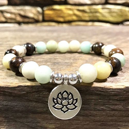 Bracelet De Yoga En Obsidienne Noire Pour Femmes, Grade A, Amazonite Naturelle, Breloque Lotus, Méditation, Mala, Mg0933