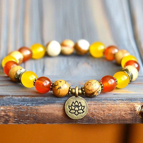 Bracelet Mala De Yoga En Pierre Gemme Mixte, Bijou En Cornaline Naturelle, Image Japonaise, Style Vintage, Breloque Lotus, Vente En Gros