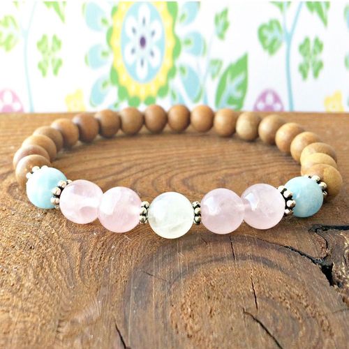 Bracelet En Bois De Santal Pour Femmes, Aigue Marine De Qualité A, 8mm, Pierre De Lune Rose Naturelle, Bijoux Chakra À C¿Ur Ouvert, Vente En Gros