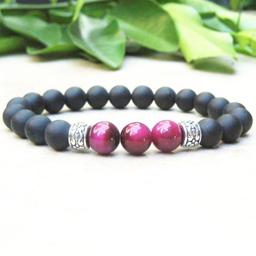 Bracelet D'énergie ¿Il De Tigre Rose Pour Hommes, Nouveau Design, Perle Délicate, Onyx Noir Mat, Mg0712