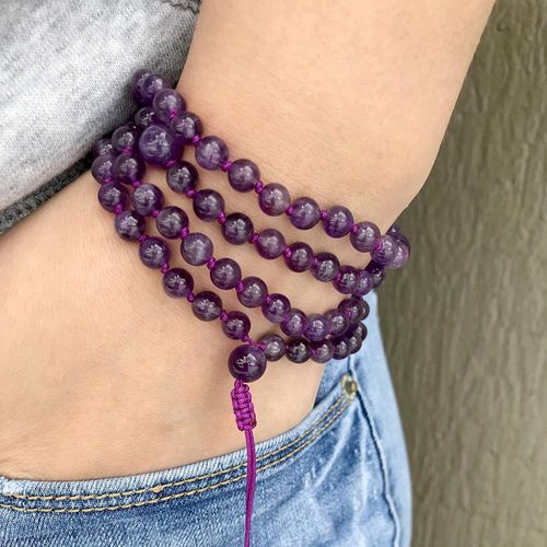 Bracelet De Prière Et De Méditation Naturel, Accessoire De Mode, Réglable, Noué À La Main, Cristal Violet, 108 Perles Mala, Collier, Mg1040