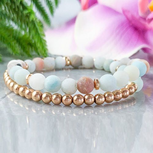 Bracelet Enroulé En Amazonite Et Hématite Mg1065, Bijou Bohème Délicat, Pierre, Soulagement Naturel De L'anxiété, Bracelets Empilables