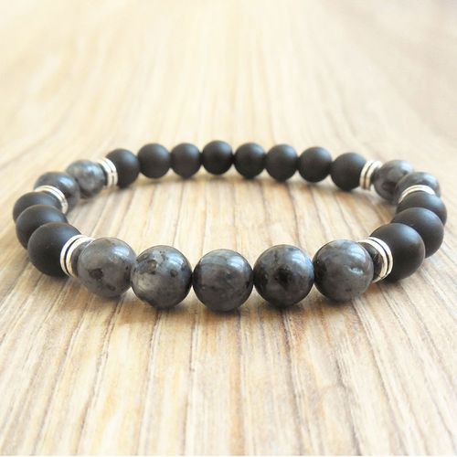 Bracelet Larvicite Gris Pour Hommes, En Onyx Noir Mat Naturel, Pierre Précieuse, Énergie De Méditation, Bracelet Mala