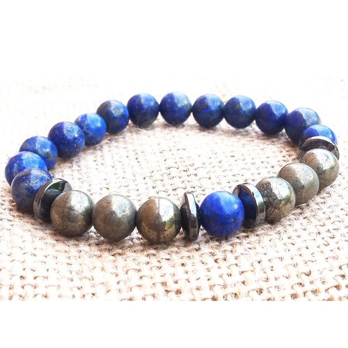 Bracelet En Pyrite Lapis Lazuli Authentique Pour Hommes, Protection De L'énergie, Extensible, Bijoux En Pierre Naturelle