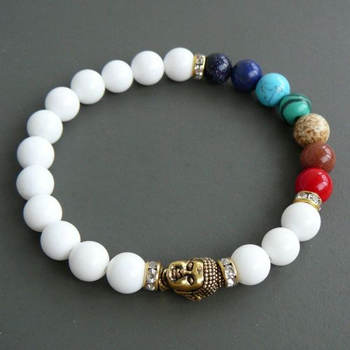 Bracelet Mala Bouddha, 7 Chakras, Pierre Blanche, Yoga, Tibétain Perlé, Sn0252
