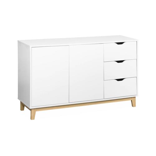 Buffet De Rangement Blanc. Pieds Bois - Floki - Avec 3 Tiroirs. Buffet 2 Portes. 120x39.5x75 Cm